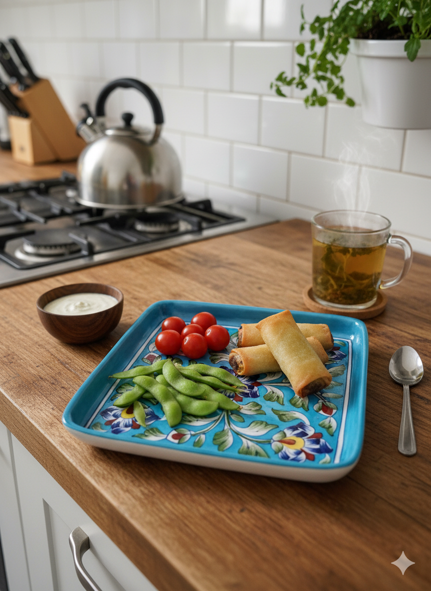 Hand-Painted Turquoise Blue Jaipur Blue Pottery Square Plate (8-Inch) - Traditional Indian Ceramic Snack, Dessert - Floral Motif.