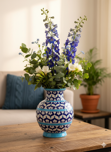 10 Inch Jaipur Blue Pottery Vase – Handcrafted Floral Design Ceramic Vase | Elegant Home Decor from Rajasthan