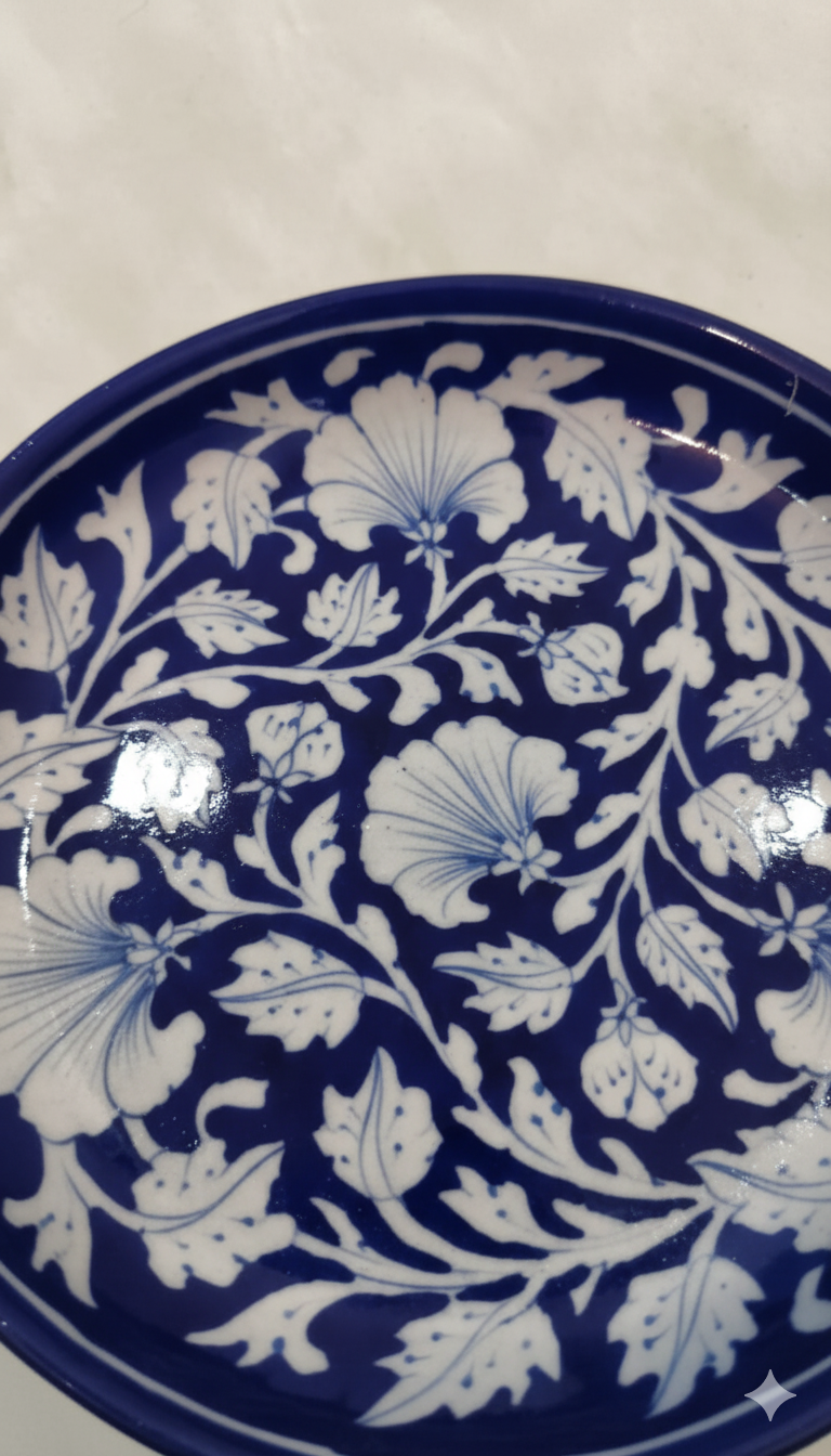 8 Inch Blue Pottery Plates – Jaipur Handcrafted Round Ceramic Dinner Plates | Indian Floral Tableware