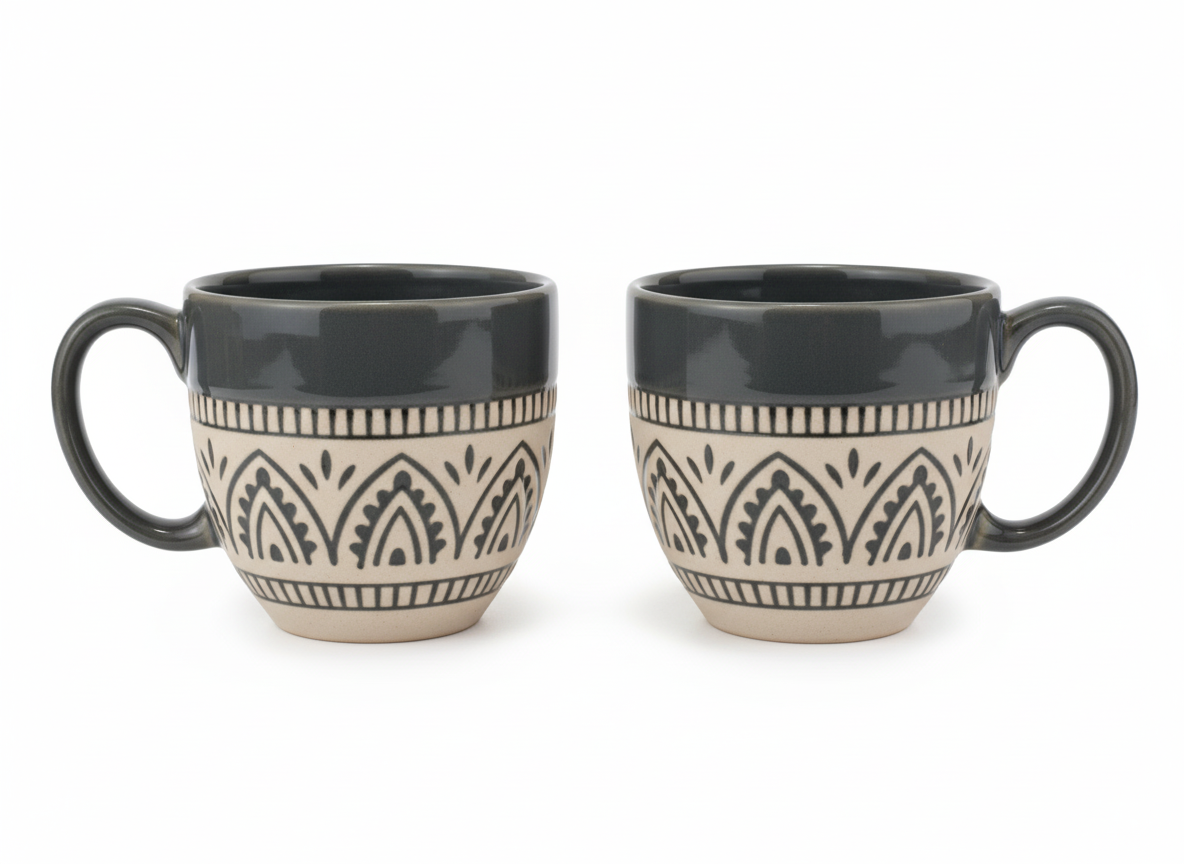Handmade Black Pottery Cup Set of 2 – Boho Pattern Ceramic Coffee & Tea cup  | Artisan Geometric Stoneware Pair