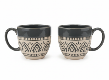 Handmade Black Pottery Cup Set of 2 – Boho Pattern Ceramic Coffee & Tea cup  | Artisan Geometric Stoneware Pair