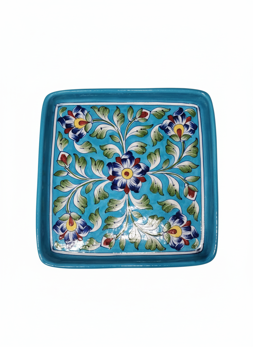 Hand-Painted Turquoise Blue Jaipur Blue Pottery Square Plate (8-Inch) - Traditional Indian Ceramic Snack, Dessert - Floral Motif.