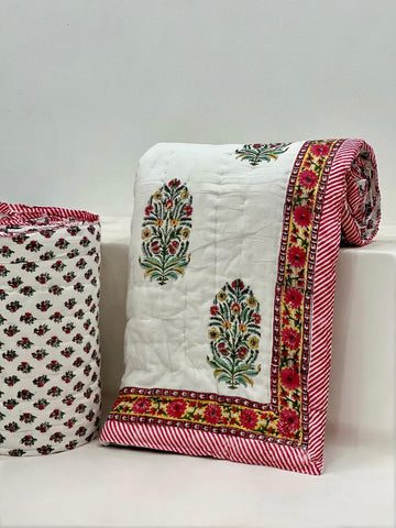 Jaipuri Hand-Quilted Reversible King Size Mulmul Cotton Razai (90x108 inches) | Floral Block Print Quilt | Premium Indian Dohar for All Seasons