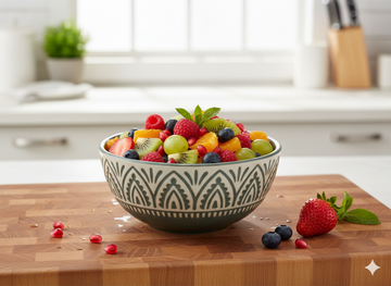 Stoneware Ceramic Cereal Bowl - Deep & Durable for Soup, Salad, Rice & Snacks - Microwave & Dishwasher Safe - Artisan Patterned Design