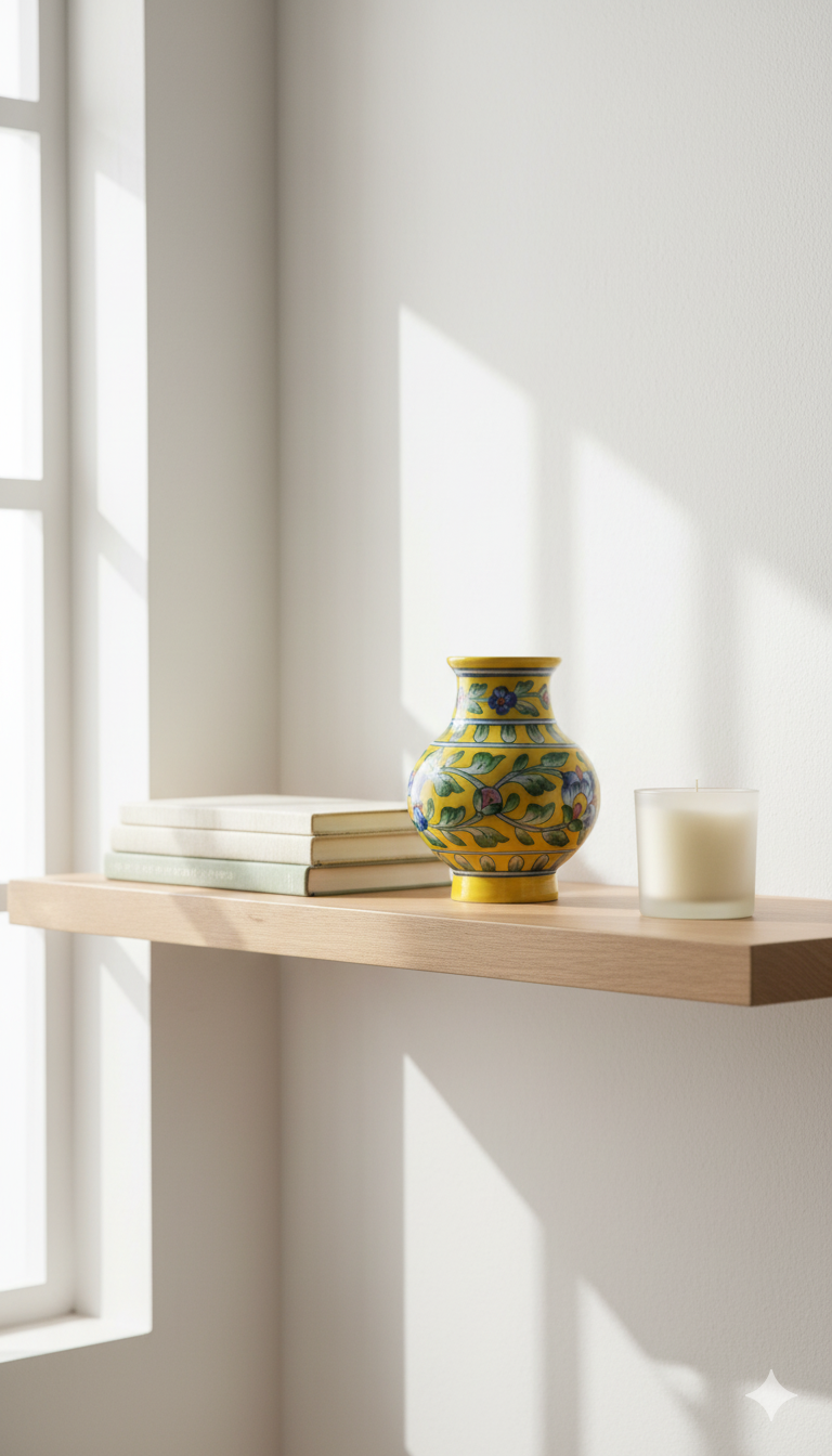 6 Inch Blue Pottery Vase – Jaipur Handcrafted Floral Ceramic Home Decor | Rajasthani Yellow Blue Pottery Flower Vase