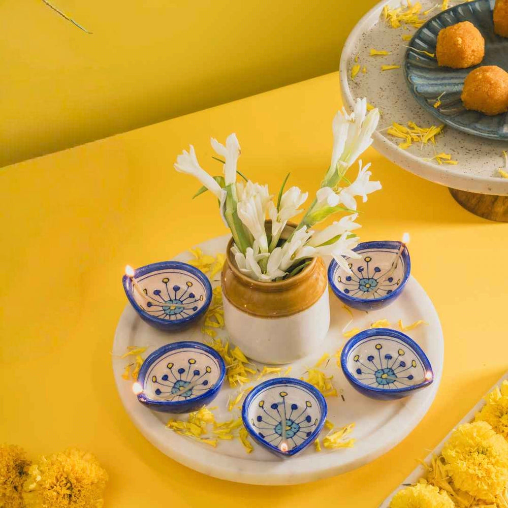 ( 10 pics )Traditional Blue Pottery Oil Diya | Handmade Diwali Lamp