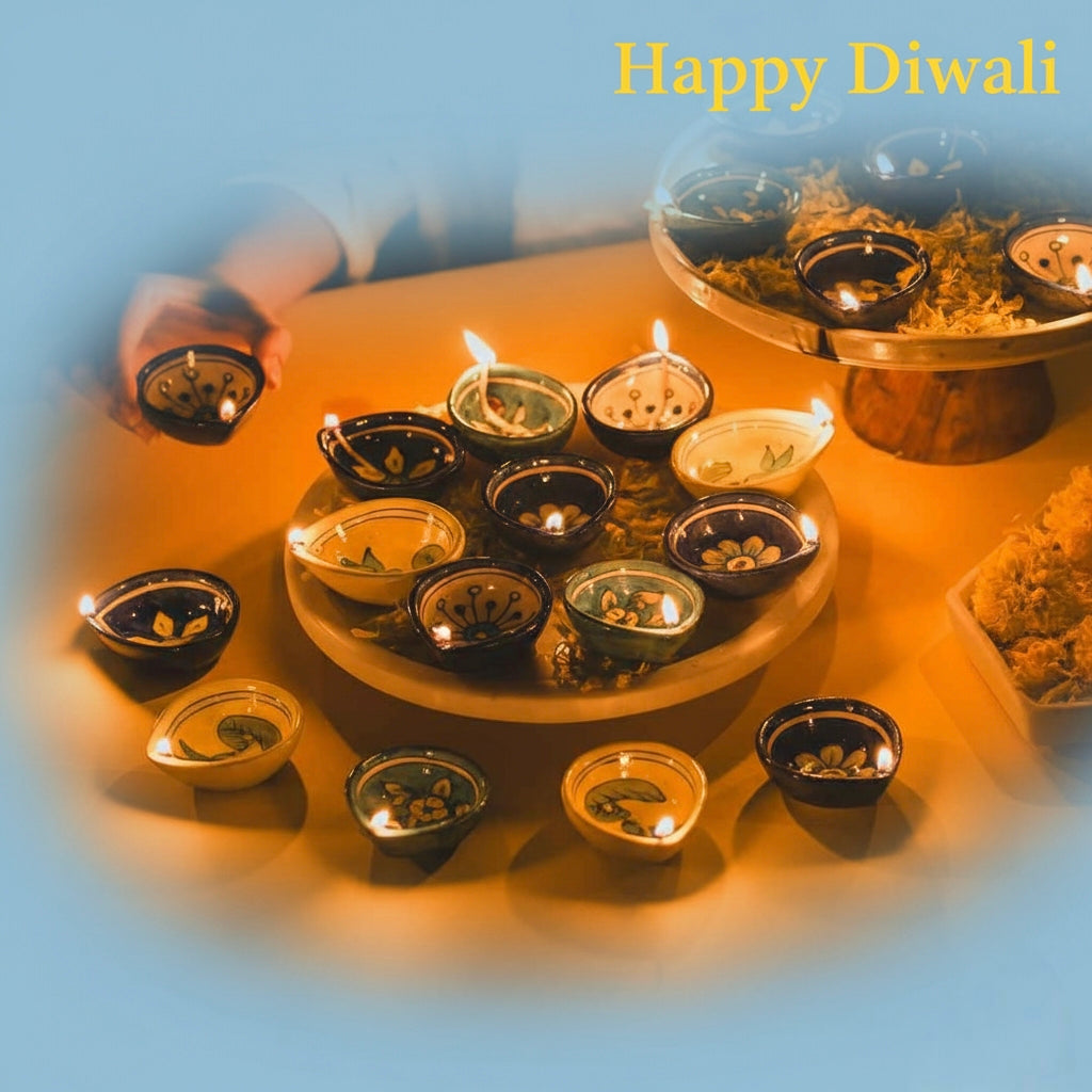 ( 10 pics )Traditional Blue Pottery Oil Diya | Handmade Diwali Lamp
