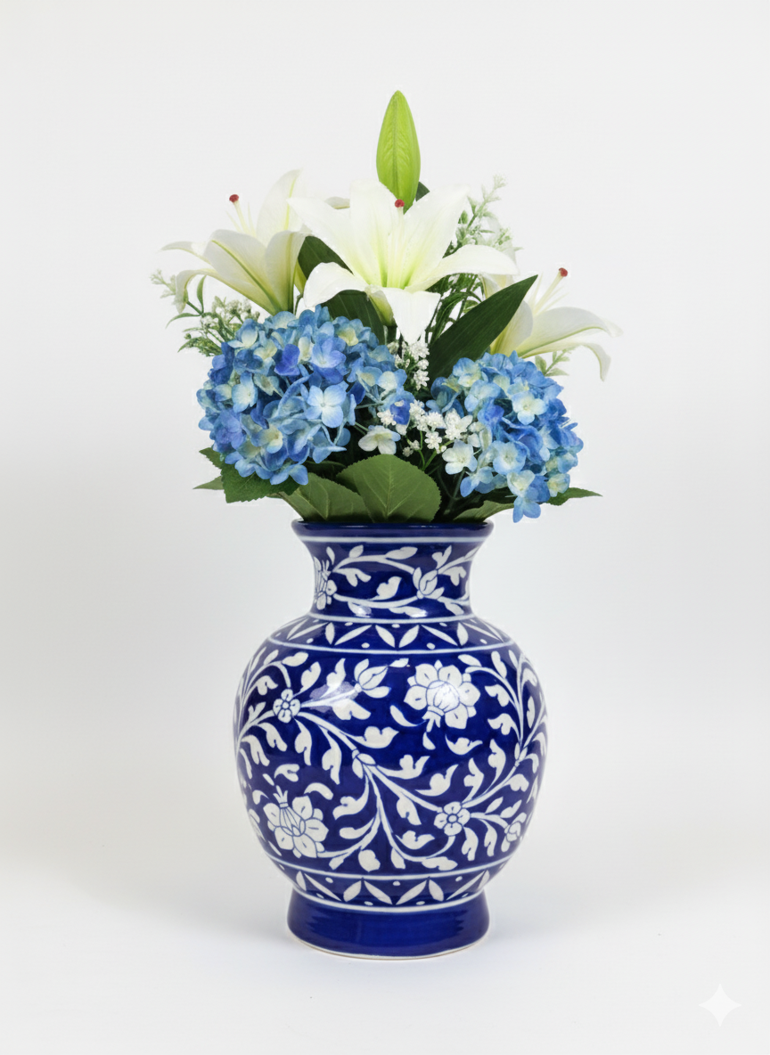 Elegant 10-Inch Blue Pottery Vase | Hand-Painted Ceramic Flower Vase with Floral Motif | Traditional Home Decor Accent for Living Room & Gifting