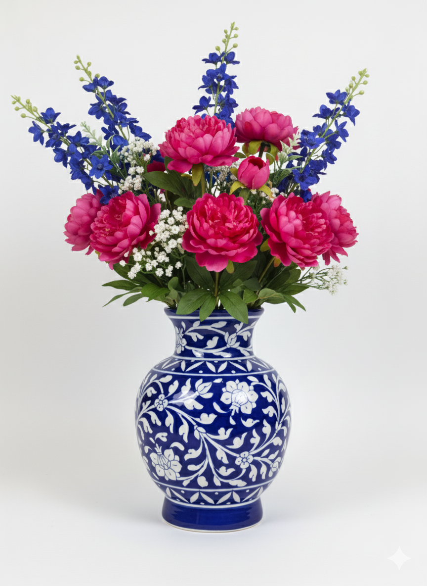 Elegant 10-Inch Blue Pottery Vase | Hand-Painted Ceramic Flower Vase with Floral Motif | Traditional Home Decor Accent for Living Room & Gifting