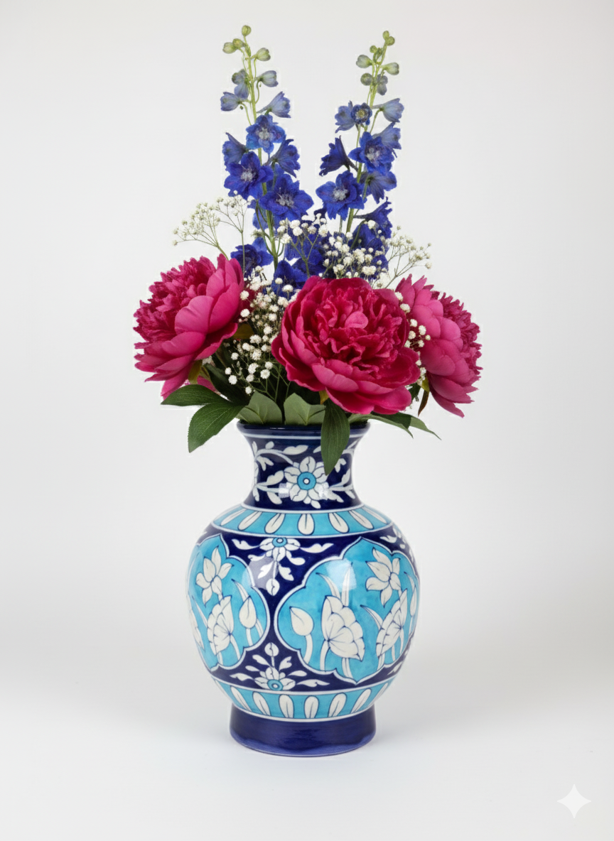 10-Inch Hand-Painted Turquoise & Cobalt Blue Pottery Vase | Traditional Indian Ceramic Vase with Birds & Floral Motif | Elegant Home Decor | Unique Artisan Gift