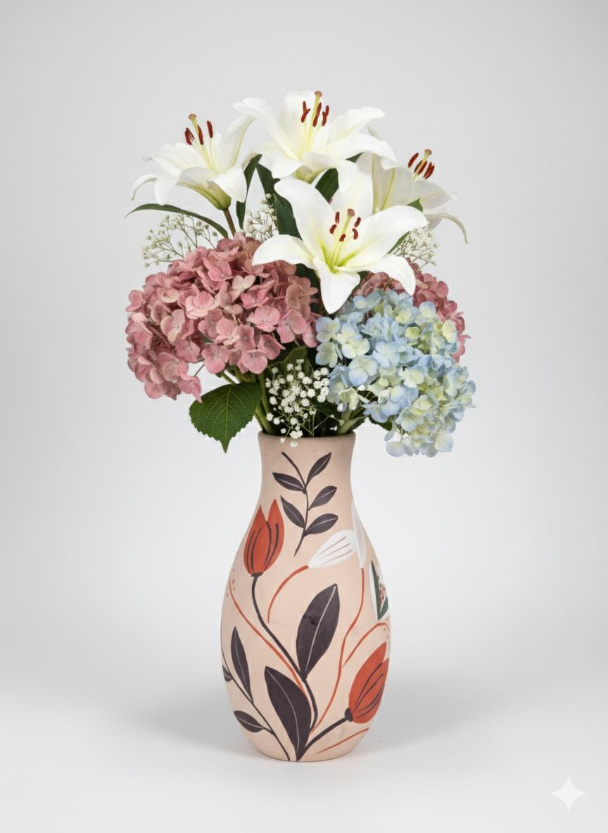 Artistic 10" Clay Vase | Hand-Painted Modern Floral Motif in Red & Charcoal | Statement Terracotta Pottery for Living Room Centerpiece