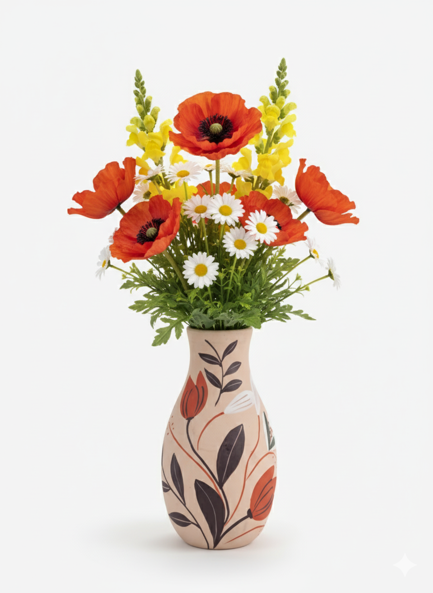 Artistic 10" Clay Vase | Hand-Painted Modern Floral Motif in Red & Charcoal | Statement Terracotta Pottery for Living Room Centerpiece