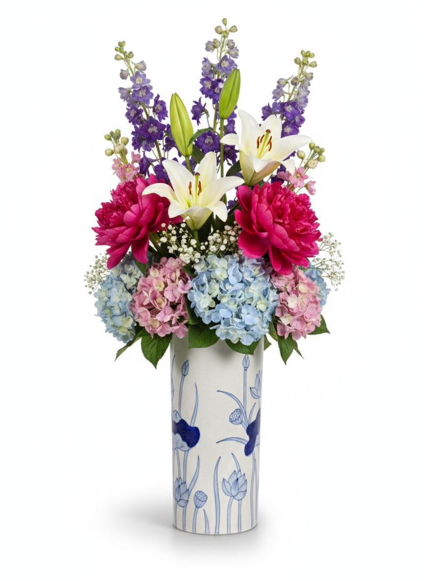 Minimalist 12" Lotus Flower Vase | Tall Cylindrical Ceramic Pottery | Blue on White Asian-Inspired Column Vase for Elegant Centerpieces