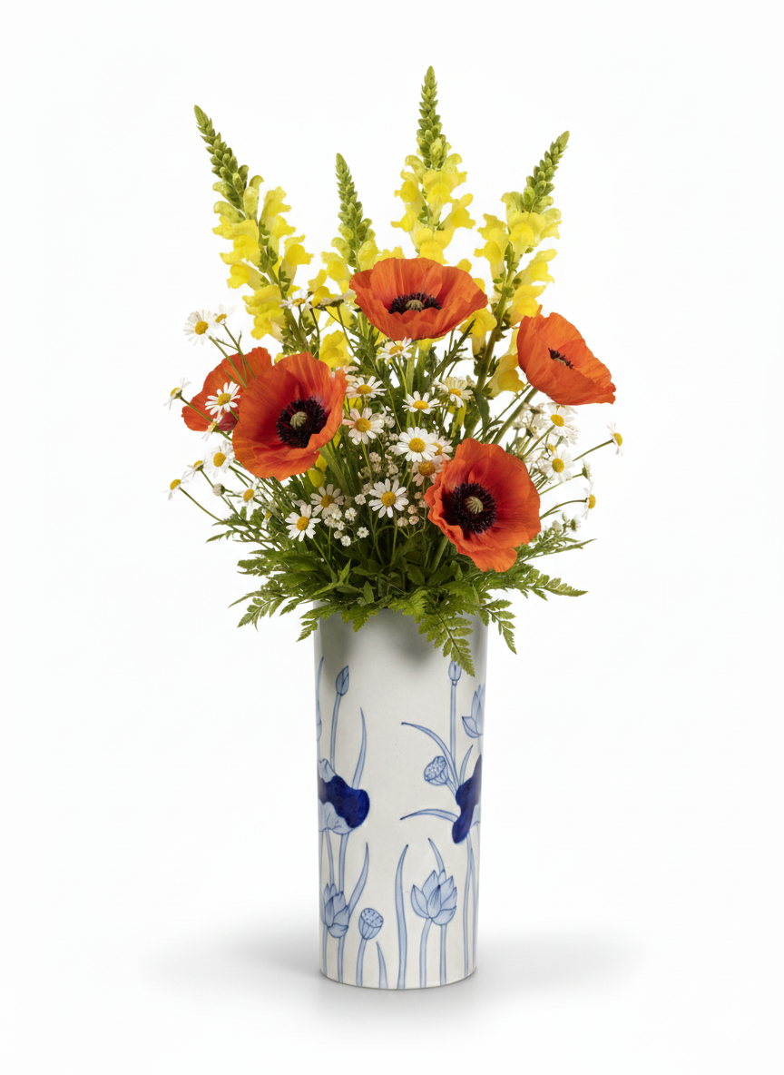 Minimalist 12" Lotus Flower Vase | Tall Cylindrical Ceramic Pottery | Blue on White Asian-Inspired Column Vase for Elegant Centerpieces