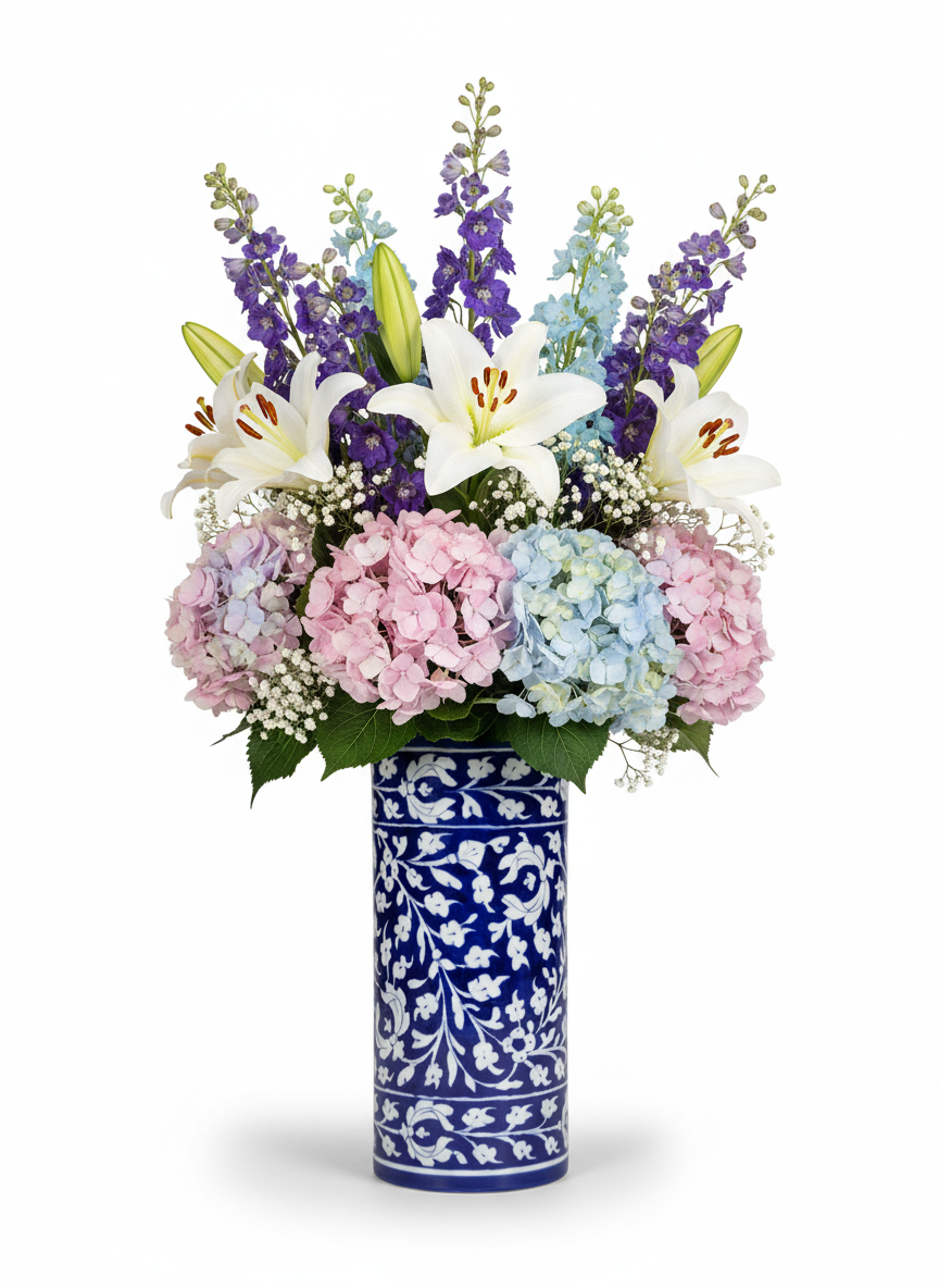 12-Inch Blue Pottery Cylinder Vase | Tall Hand-Painted Ceramic Flower Vase with Floral Jaali Motif | Traditional Indian Column Vase for Home