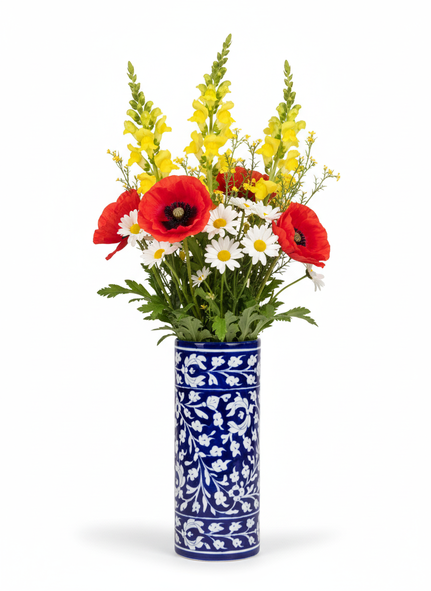 12-Inch Blue Pottery Cylinder Vase | Tall Hand-Painted Ceramic Flower Vase with Floral Jaali Motif | Traditional Indian Column Vase for Home