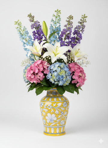 Vibrant 8" Turquoise Pottery Vase | Authentic Jaipur Blue Pottery with Banded Floral Design | Medium Curvaceous Urn for Flowers