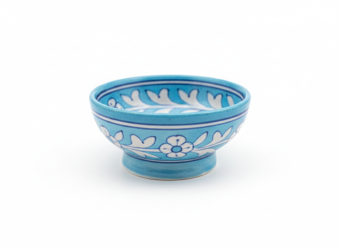 Turquoise 4-Inch Blue Pottery Bowl | Hand-Painted Floral Ceramic Katori | Small Serving Bowl