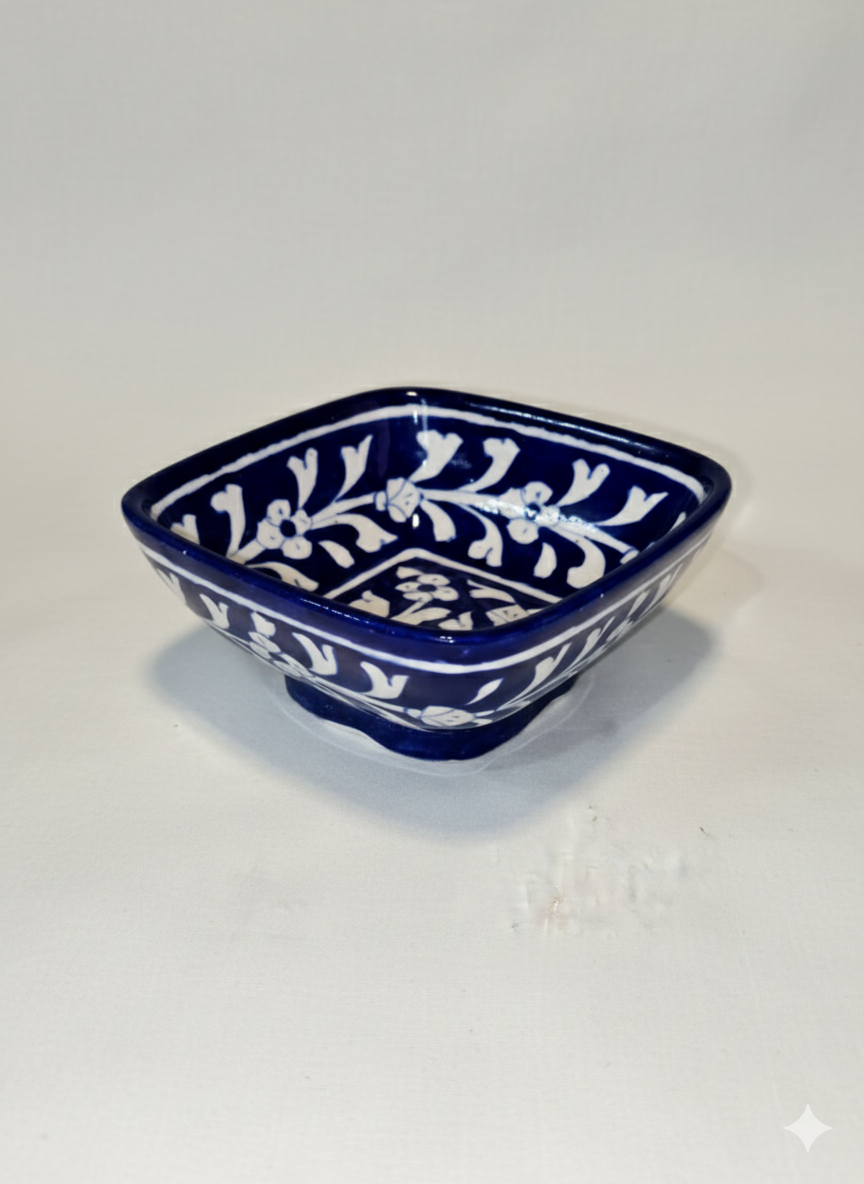 Artisan Cobalt Blue 6-Inch Square Blue Pottery Bowl | Hand-Painted Floral Serving Dish