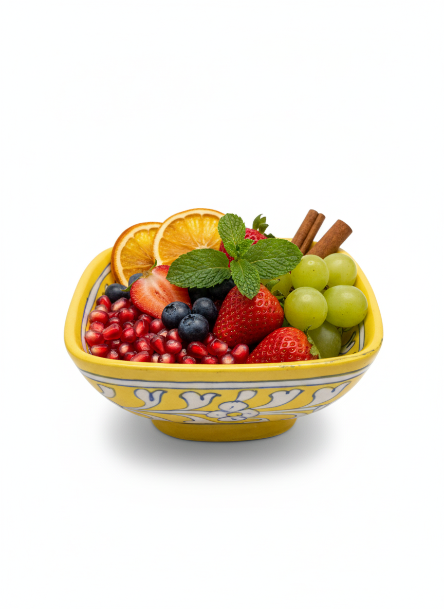 Sunny Yellow 6-Inch Square Blue Pottery Bowl | Hand-Painted Floral Ceramic Serving Dish