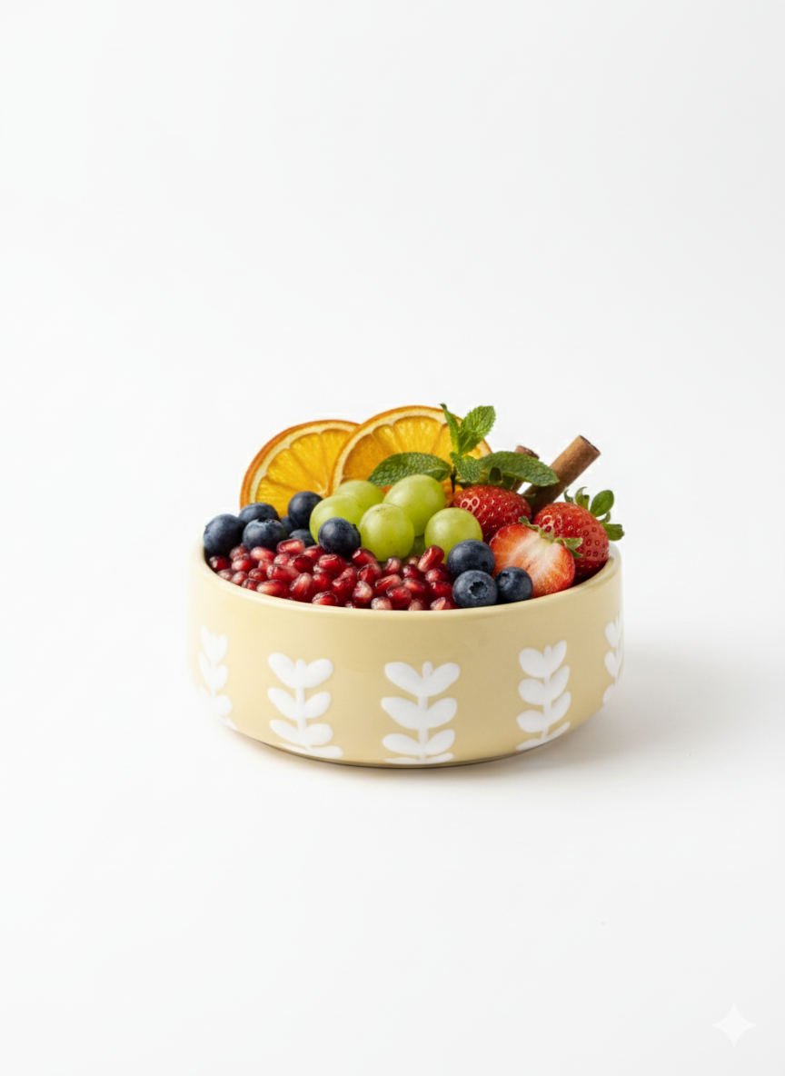 6-Inch Stoneware Ceramic Cereal Bowl - Yellow with White Leaf Pattern - Shallow & Modern for Fruit, Salads, and Snacks - Microwave & Dishwasher Safe.