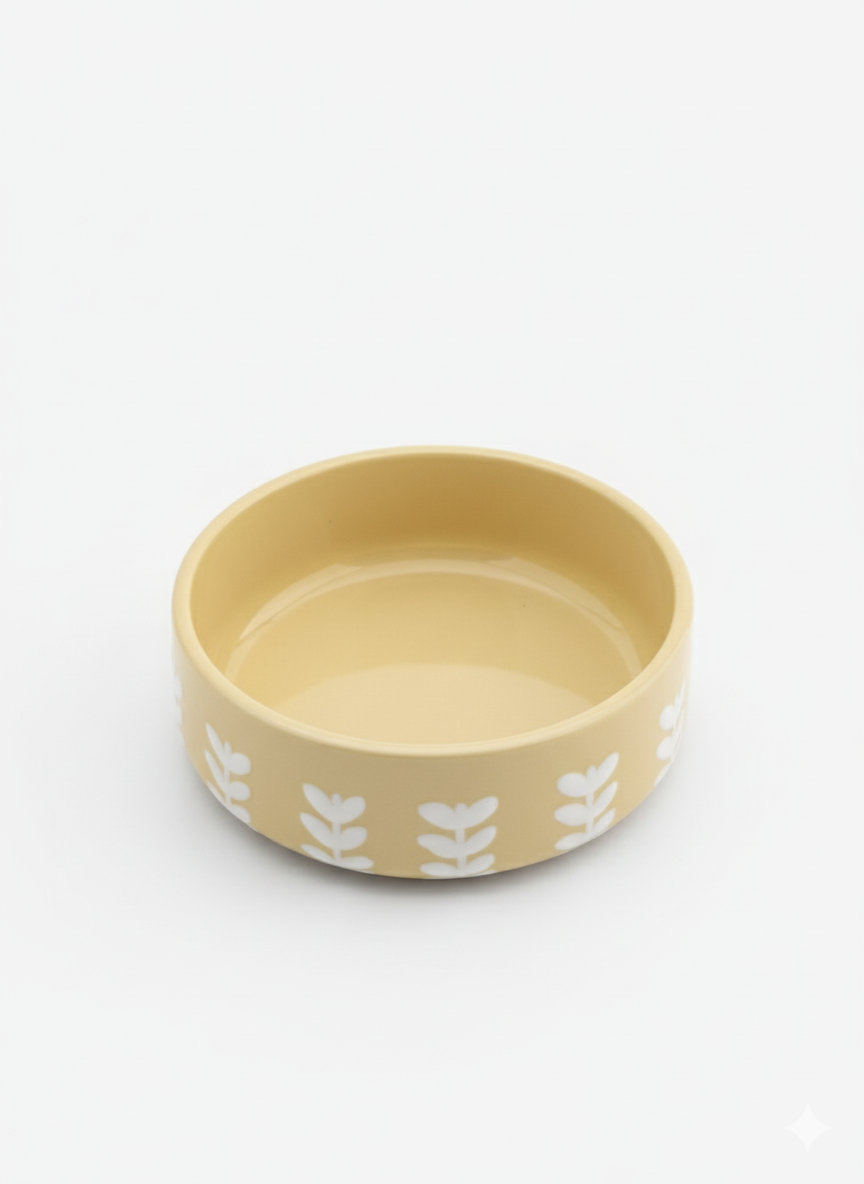 6-Inch Stoneware Ceramic Cereal Bowl - Yellow with White Leaf Pattern - Shallow & Modern for Fruit, Salads, and Snacks - Microwave & Dishwasher Safe.