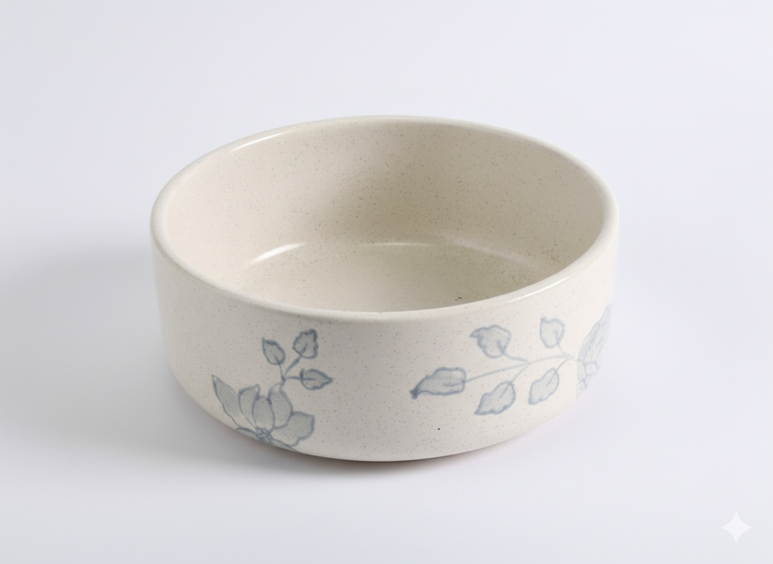 Stoneware Ceramic Cereal Bowl - Speckled Beige with Blue Floral Pattern - Rustic & Modern for Soup, Salads, and Snacks - Microwave & Dishwasher Safe.