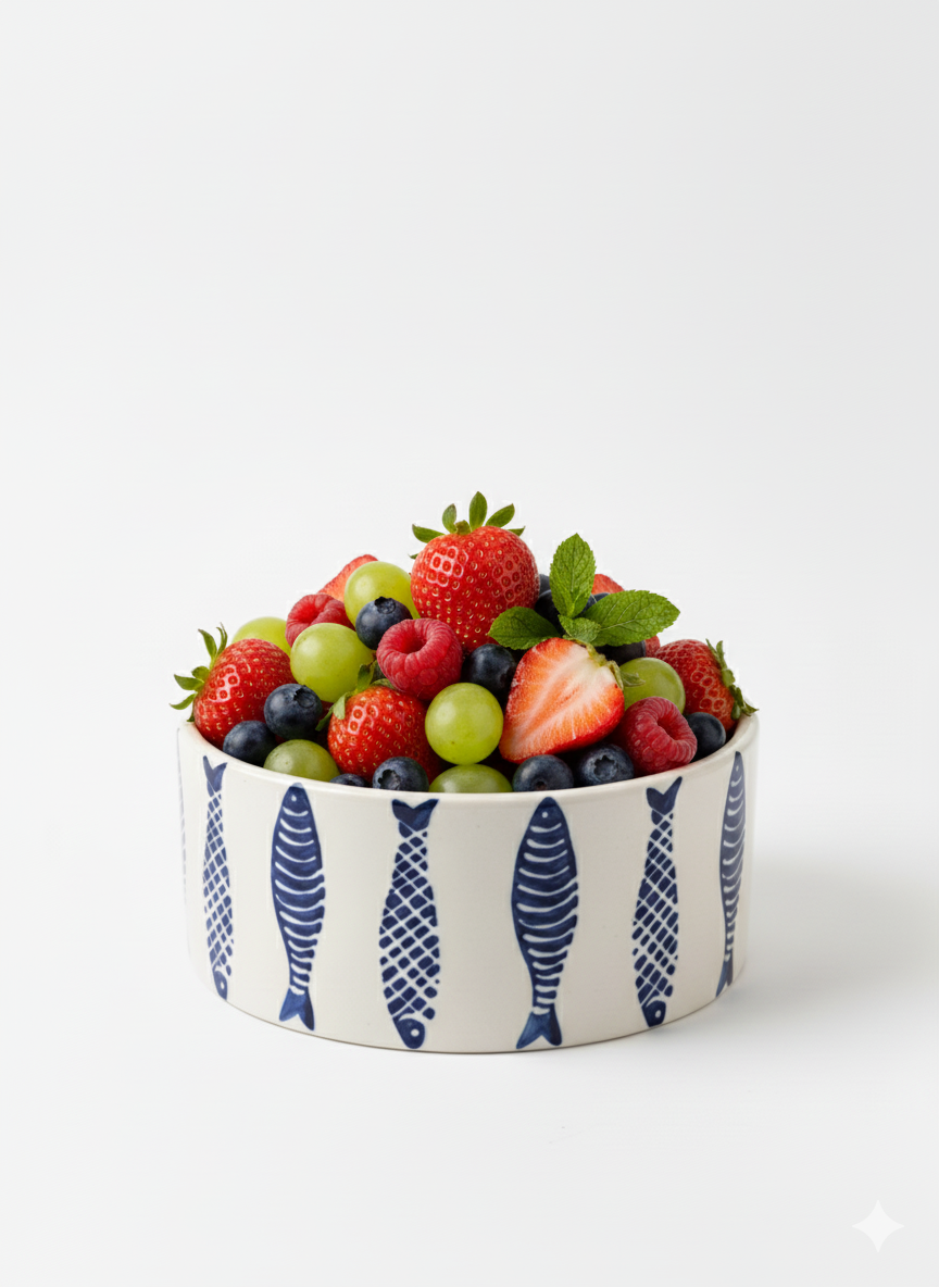 6-Inch Stoneware Low Bowl - Rustic Blue Floral on Speckled Beige -  Ceramic Dish for Salads, Pasta & Cereal - Microwave & Dishwasher Safe