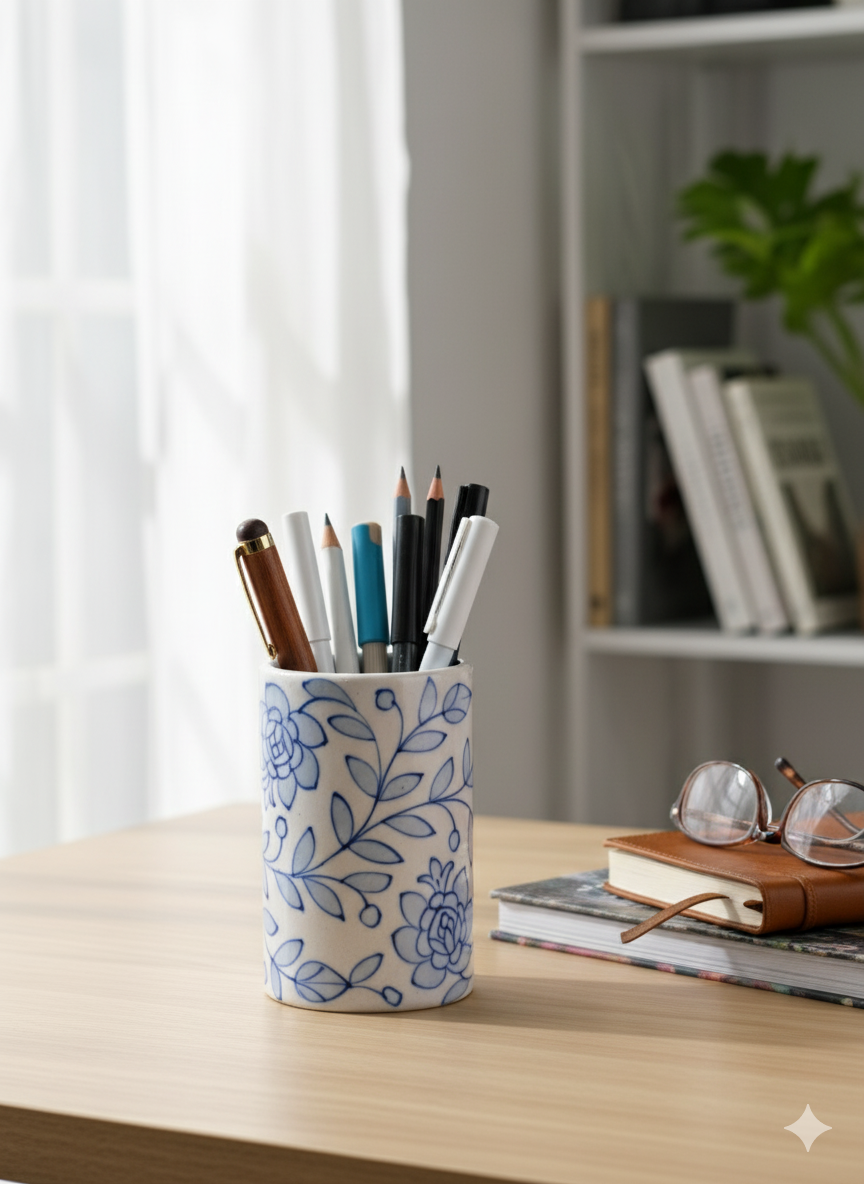 Handmade Jaipur Blue Pottery Pen Holder – Floral Ceramic Desk Organizer | Rajasthani Artisan Stationery Stand