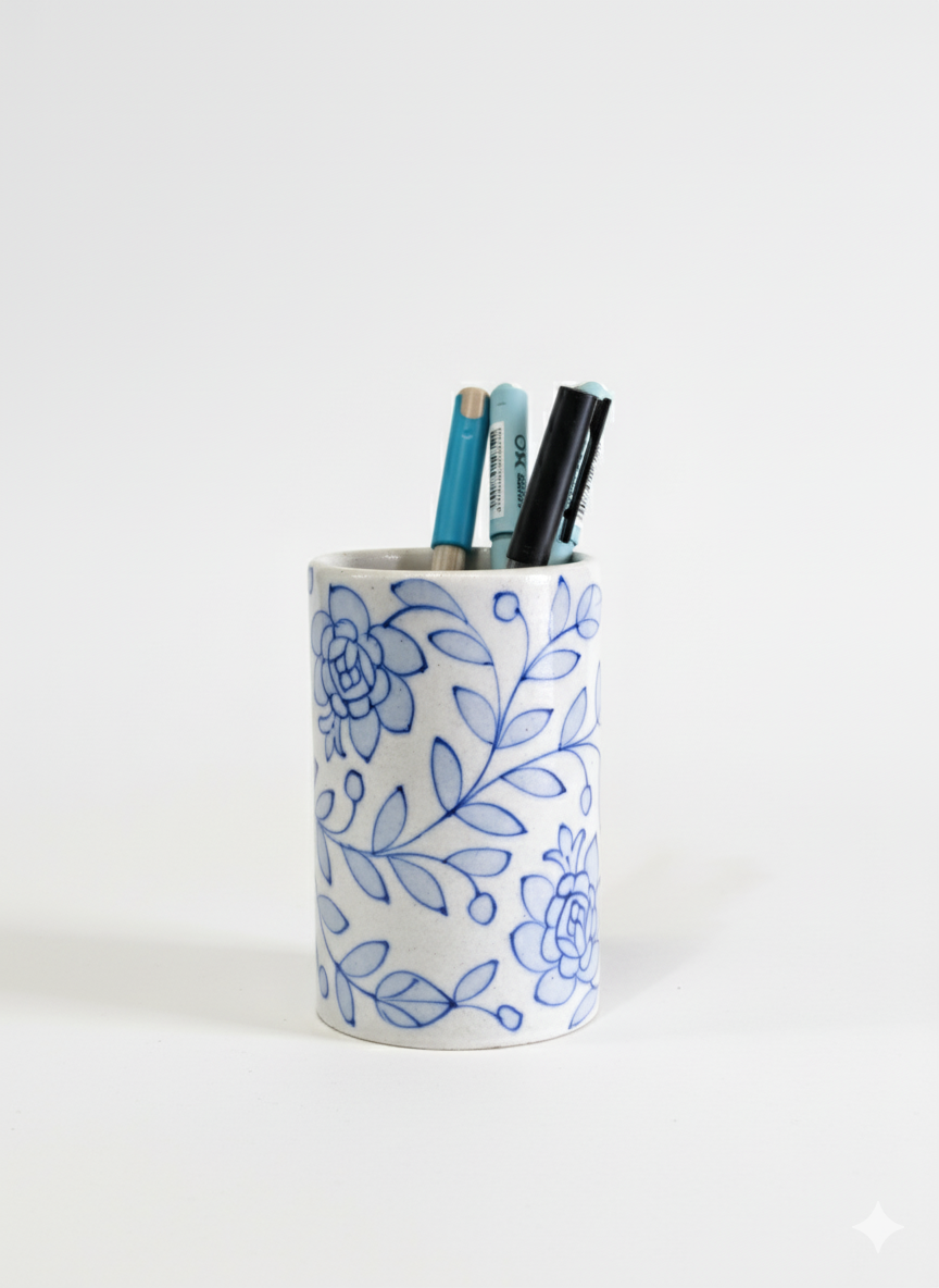 Handmade Jaipur Blue Pottery Pen Holder – Floral Ceramic Desk Organizer | Rajasthani Artisan Stationery Stand
