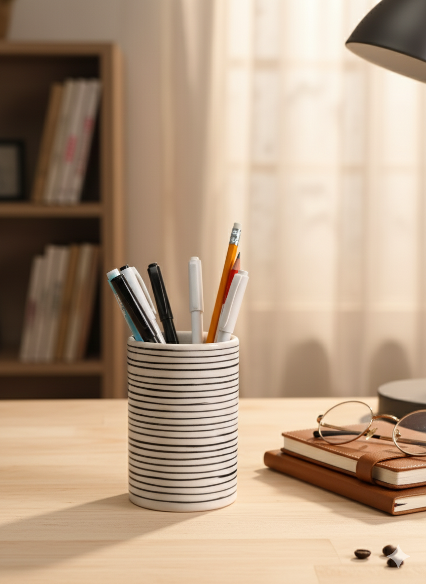 Handmade Grey Geometric Ceramic Pen Holder – Minimalist Pottery Desk Organizer & Stationery Stand