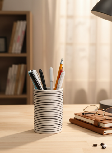 Handmade Grey Geometric Ceramic Pen Holder – Minimalist Pottery Desk Organizer & Stationery Stand
