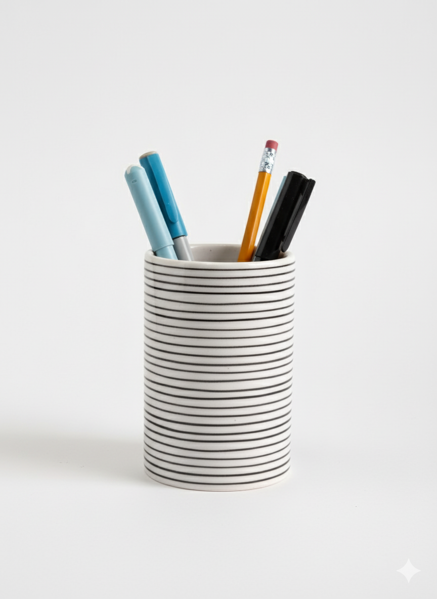 Handmade Grey Geometric Ceramic Pen Holder – Minimalist Pottery Desk Organizer & Stationery Stand