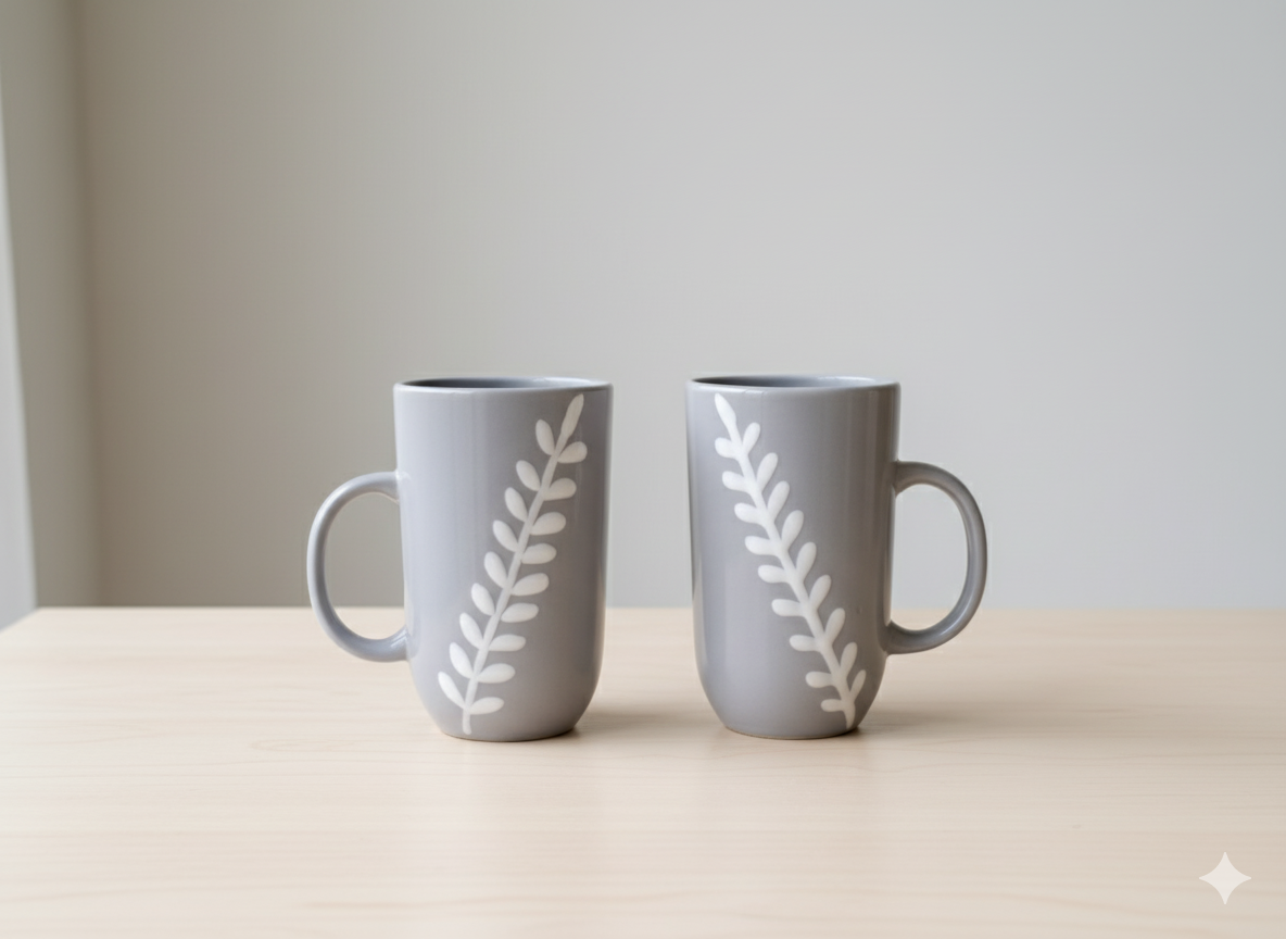 Handmade Grey Ceramic Mug Set of 2 – Leaf Pattern Pottery Coffee/Tea Cups | Artisan Modern Minimalist Kitchenware