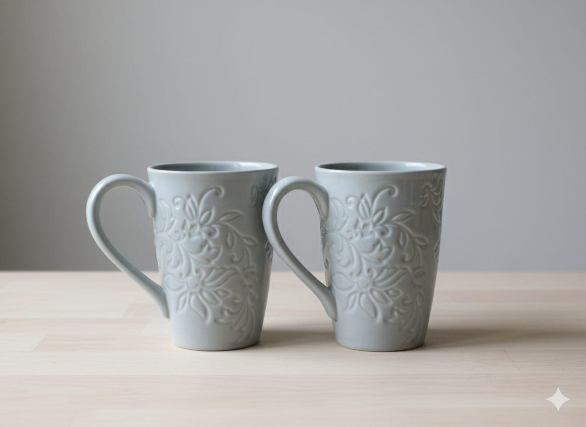 Handmade Ceramic Mug Set of 2 – Grey Floral Embossed Coffee/Tea Mugs | Artisan Minimalist Pottery Gift