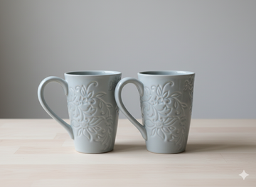 Handmade Ceramic Mug Set of 2 – Grey Floral Embossed Coffee/Tea Mugs | Artisan Minimalist Pottery Gift