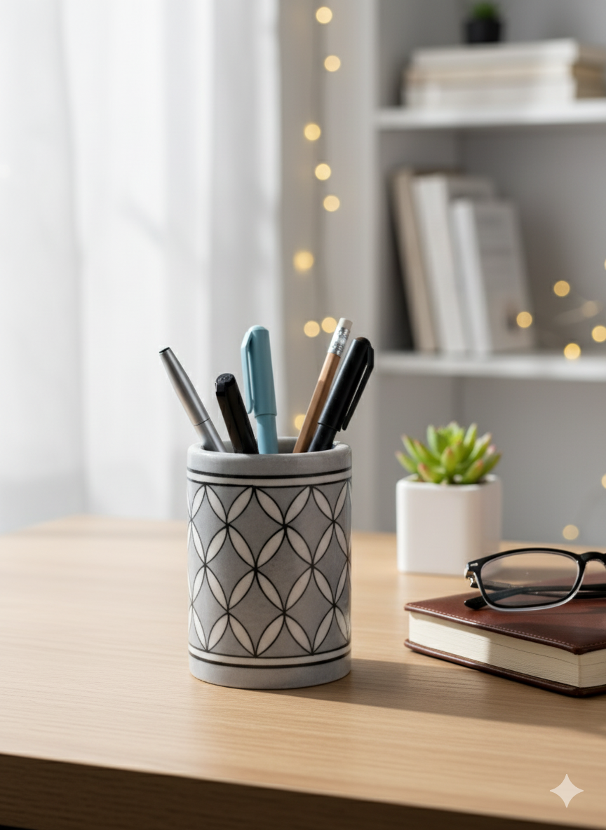 Handmade Grey Geometric Ceramic Pen Holder – Minimalist Pottery Desk Organizer & Stationery Stand