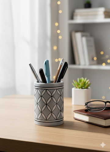 Handmade Grey Geometric Ceramic Pen Holder – Minimalist Pottery Desk Organizer & Stationery Stand