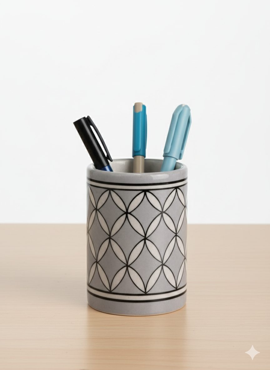 Handmade Grey Geometric Ceramic Pen Holder – Minimalist Pottery Desk Organizer & Stationery Stand