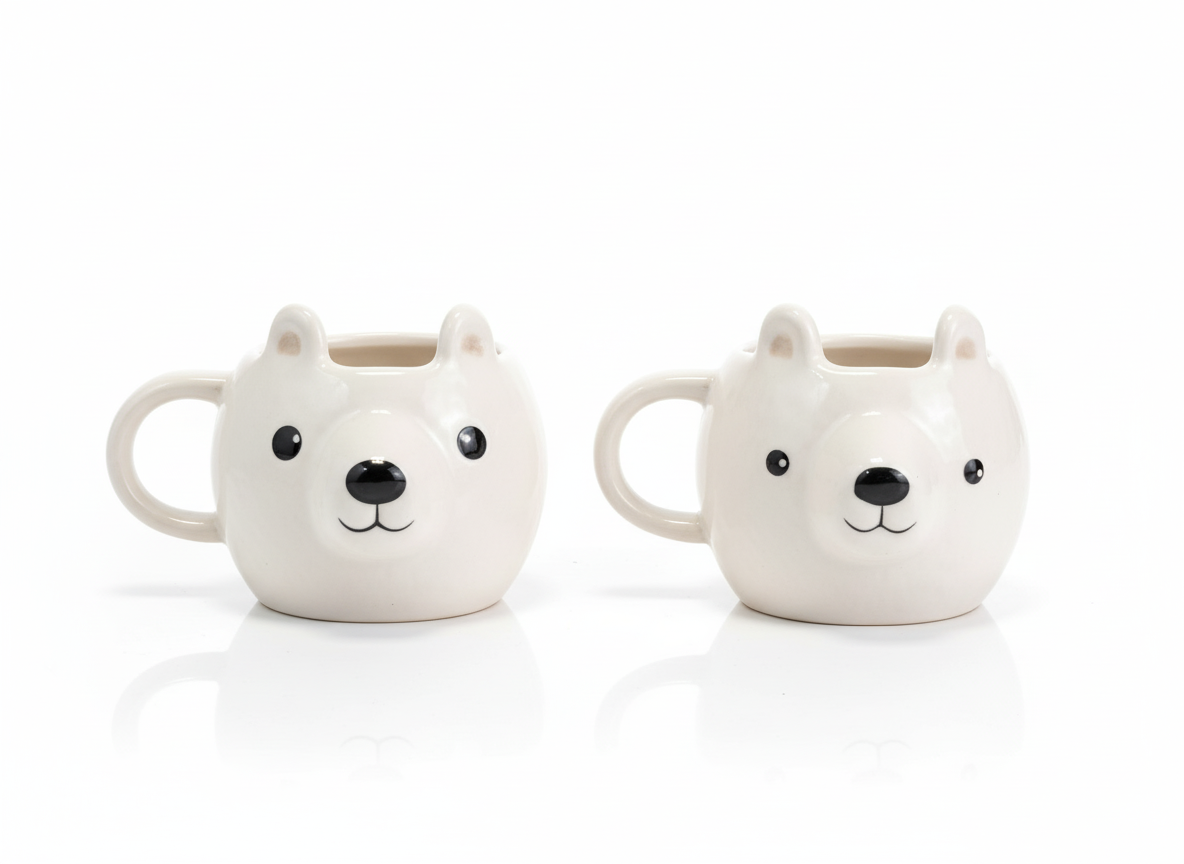 Handmade Ceramic Bear Face Mug Set of 2 – Cute Animal Pottery Coffee & Tea Cups | Playful 3D Kawaii Bear Mug Gift Set
