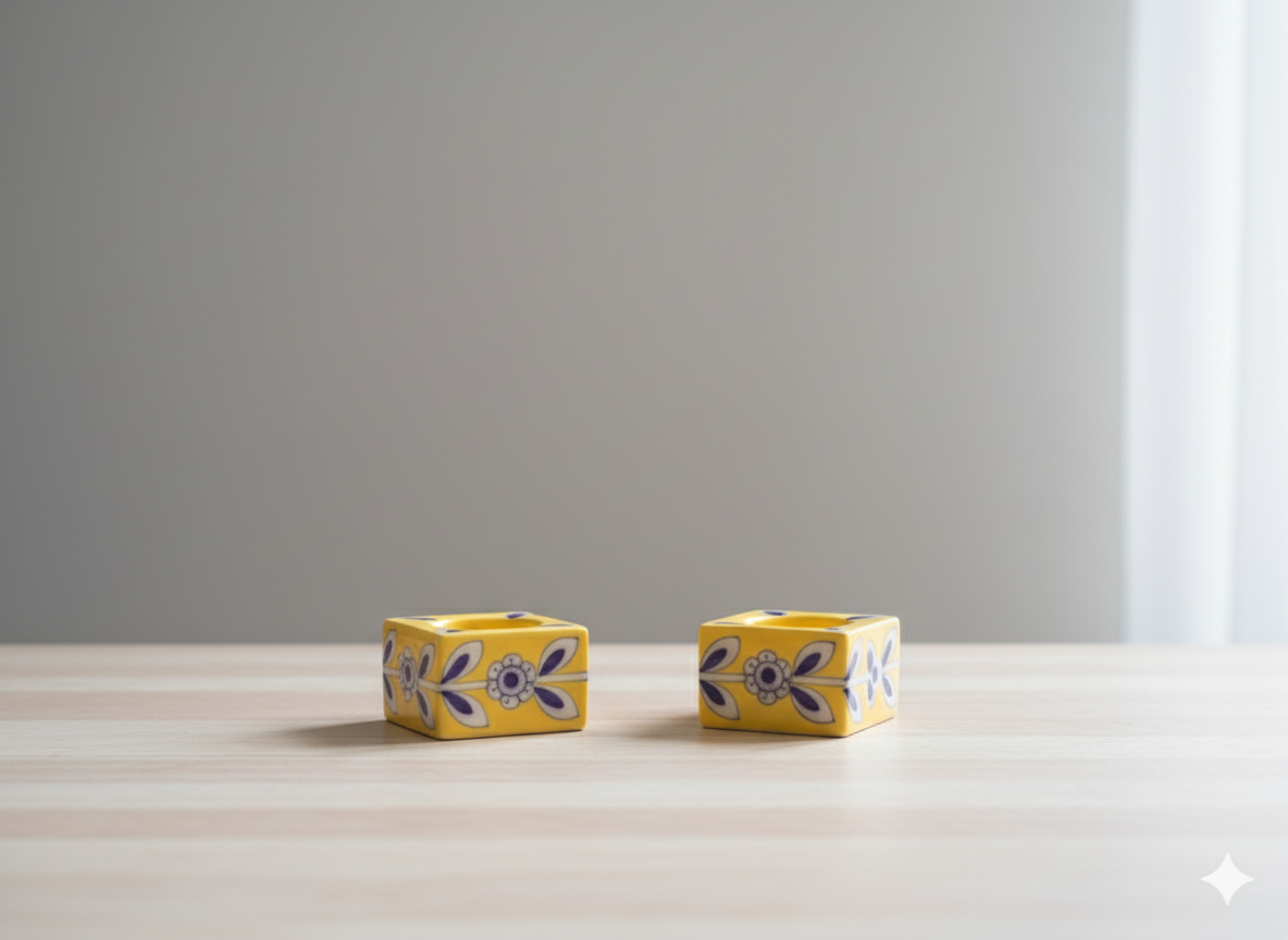 Hand-Painted Ceramic Evil Eye Tealight Candle Holders (Set of 2) - Yellow Indian Diya for Diwali Decoration, Good Luck & Puja - Artisan Votive Holder.