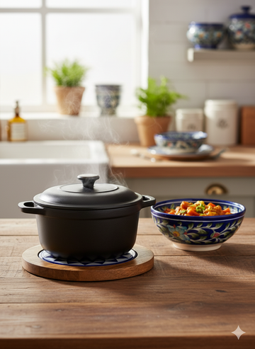 Handcrafted Wooden Trivet with Blue & White Geometric Ceramic Tile - Heat Resistant Pot Holder for Hot Dishes, Pots & Pans - 8-Inch Round Countertop Protector.