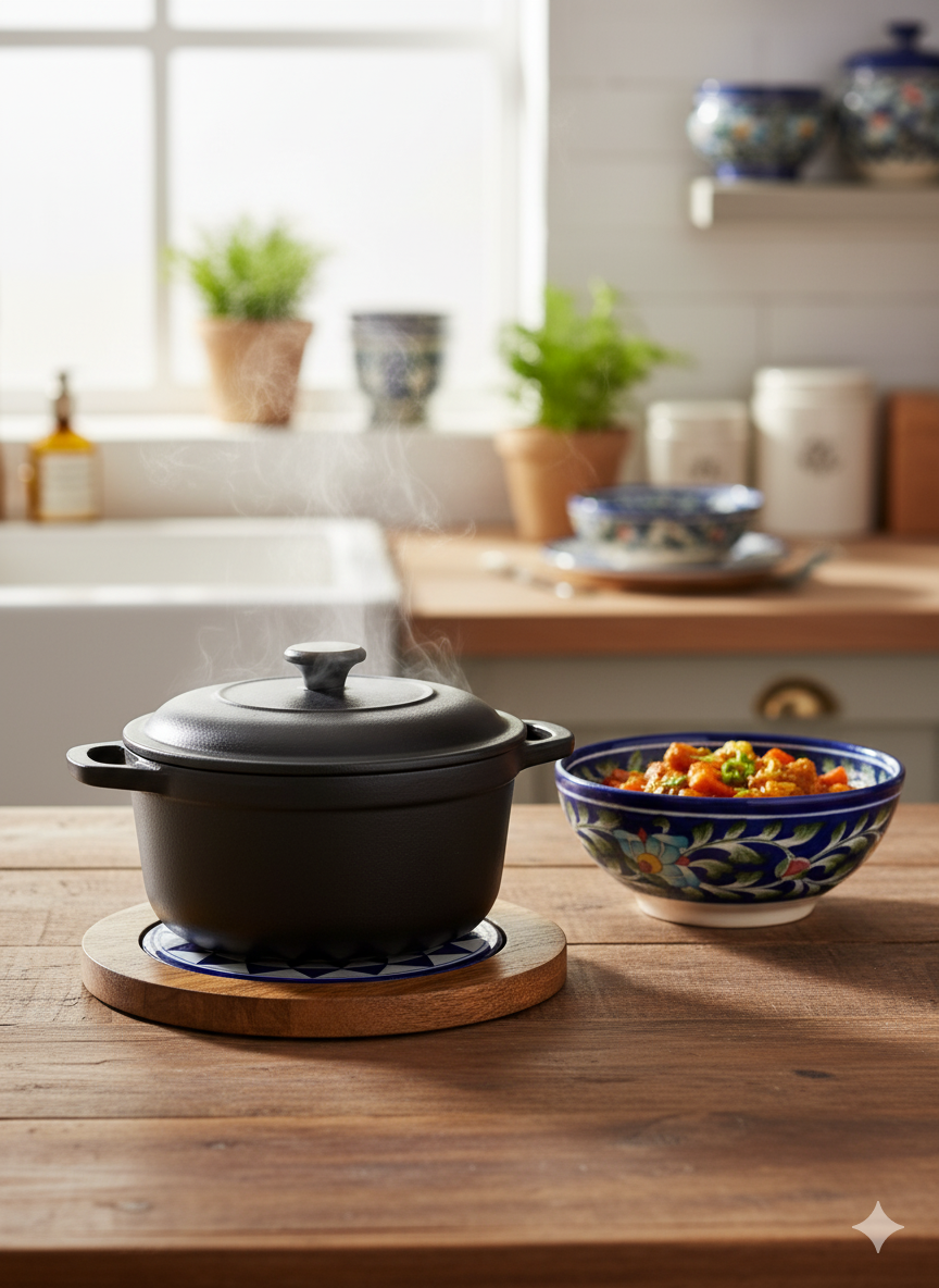 Handcrafted Wooden Trivet with Blue & White Geometric Ceramic Tile - Heat Resistant Pot Holder for Hot Dishes, Pots & Pans - 8-Inch Round Countertop Protector.