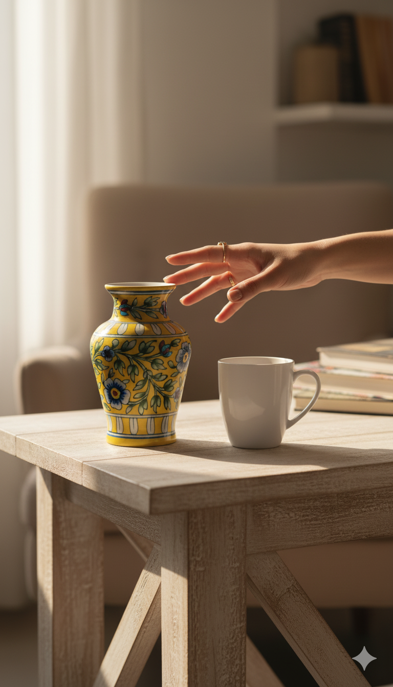 8 Inch Blue Pottery Vase – Jaipur Handcrafted Yellow Floral Ceramic Home Decor | Rajasthani Blue Pottery Flower Vase