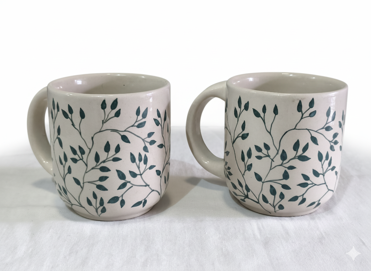 Handmade Ceramic Cup Set of 2 – Leaf Pattern Coffee & Tea Mugs | Artistic Greenery Design Pottery Cups for Kitchen & Office