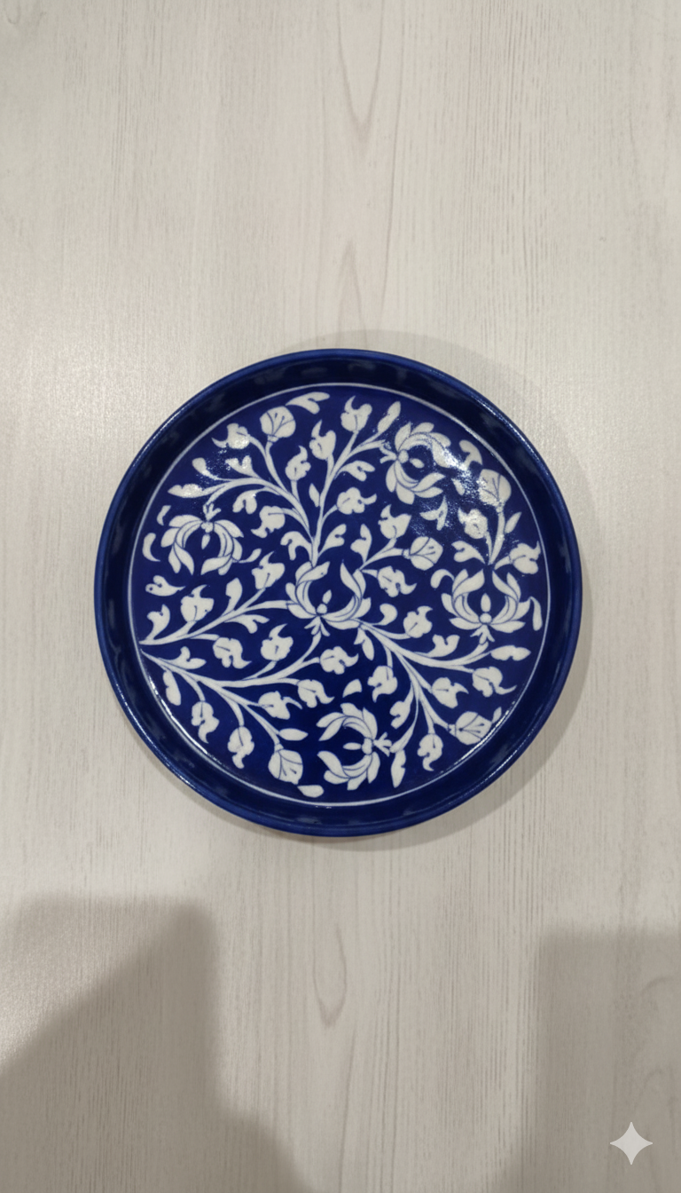 &nbsp;10 Inch Blue Pottery Pasta Plate – Jaipur Handcrafted Deep Round Ceramic Plate | Indian Floral Dinnerware for Pasta &amp; Salads