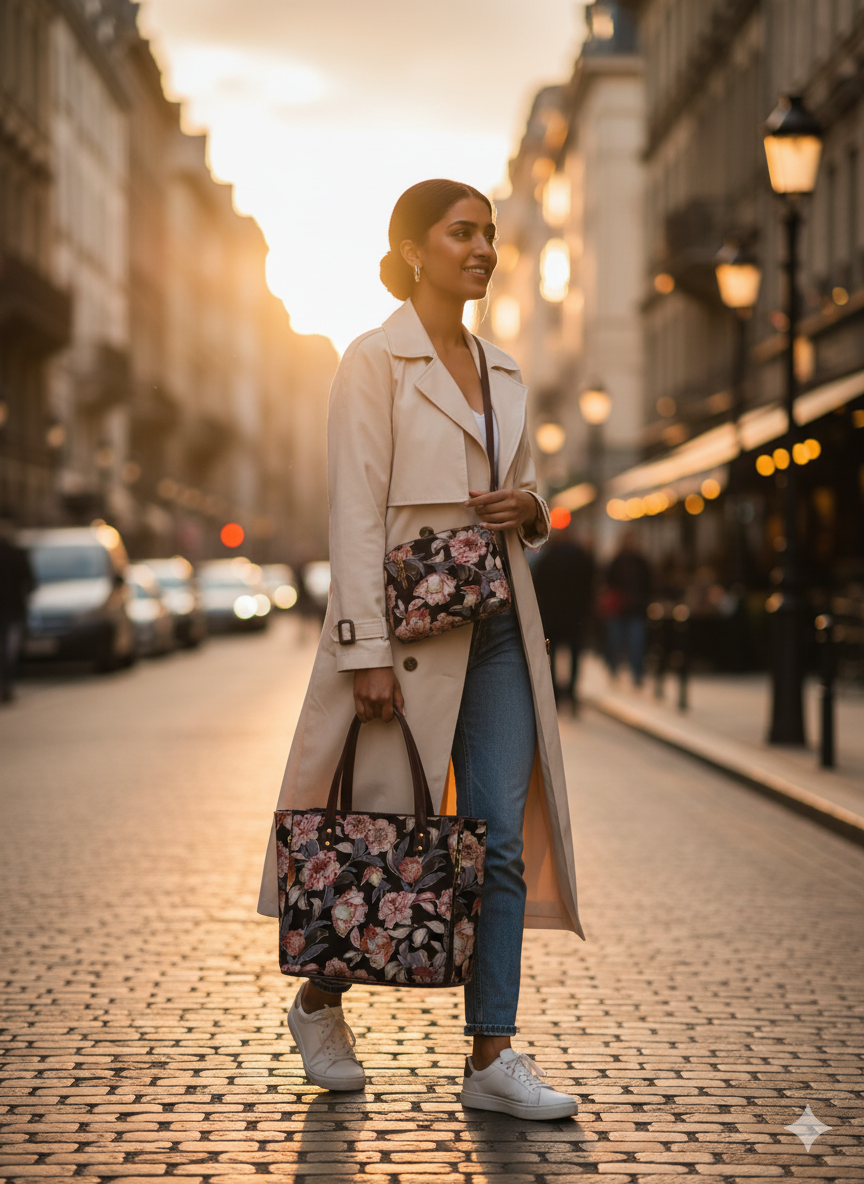 Vintage Floral Tapestry Tote Bag with Matching Crossbody – Elegant Jacquard Handbag Set for Women, Size 18x12 Inch Tote & 10x8 Inch Sling