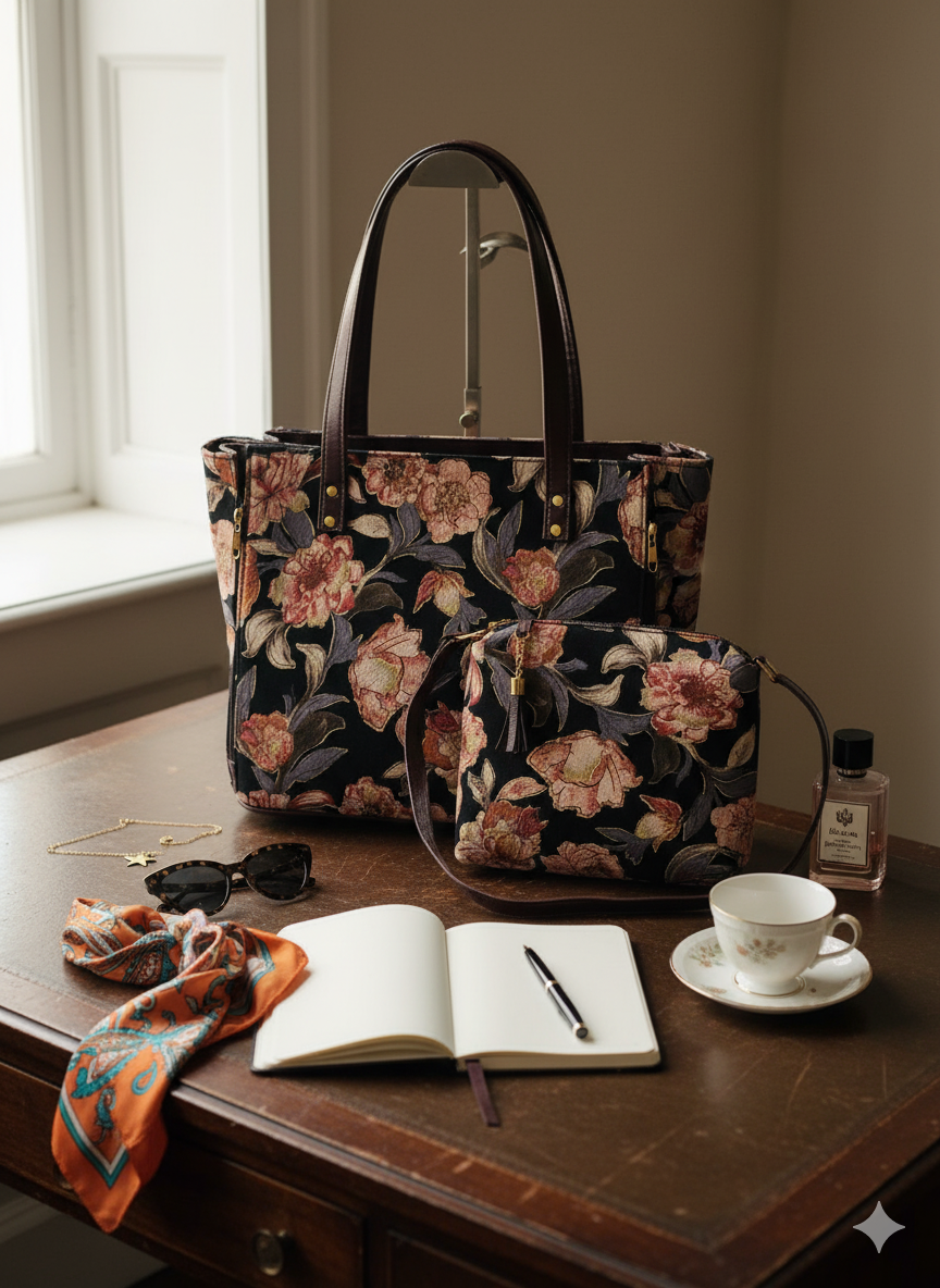 Vintage Floral Tapestry Tote Bag with Matching Crossbody – Elegant Jacquard Handbag Set for Women, Size 18x12 Inch Tote & 10x8 Inch Sling