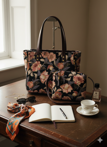 Vintage Floral Tapestry Tote Bag with Matching Crossbody – Elegant Jacquard Handbag Set for Women, Size 18x12 Inch Tote & 10x8 Inch Sling