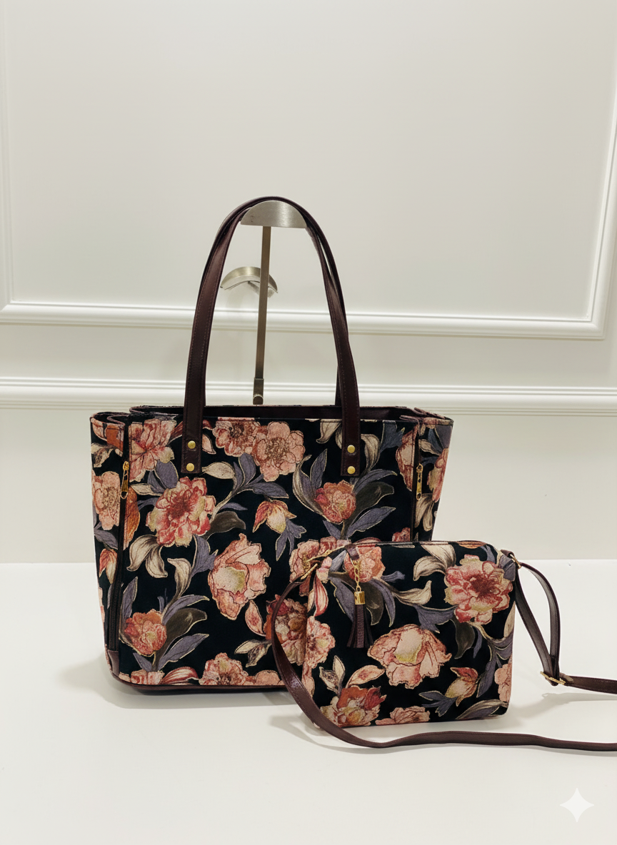 Vintage Floral Tapestry Tote Bag with Matching Crossbody – Elegant Jacquard Handbag Set for Women, Size 18x12 Inch Tote & 10x8 Inch Sling